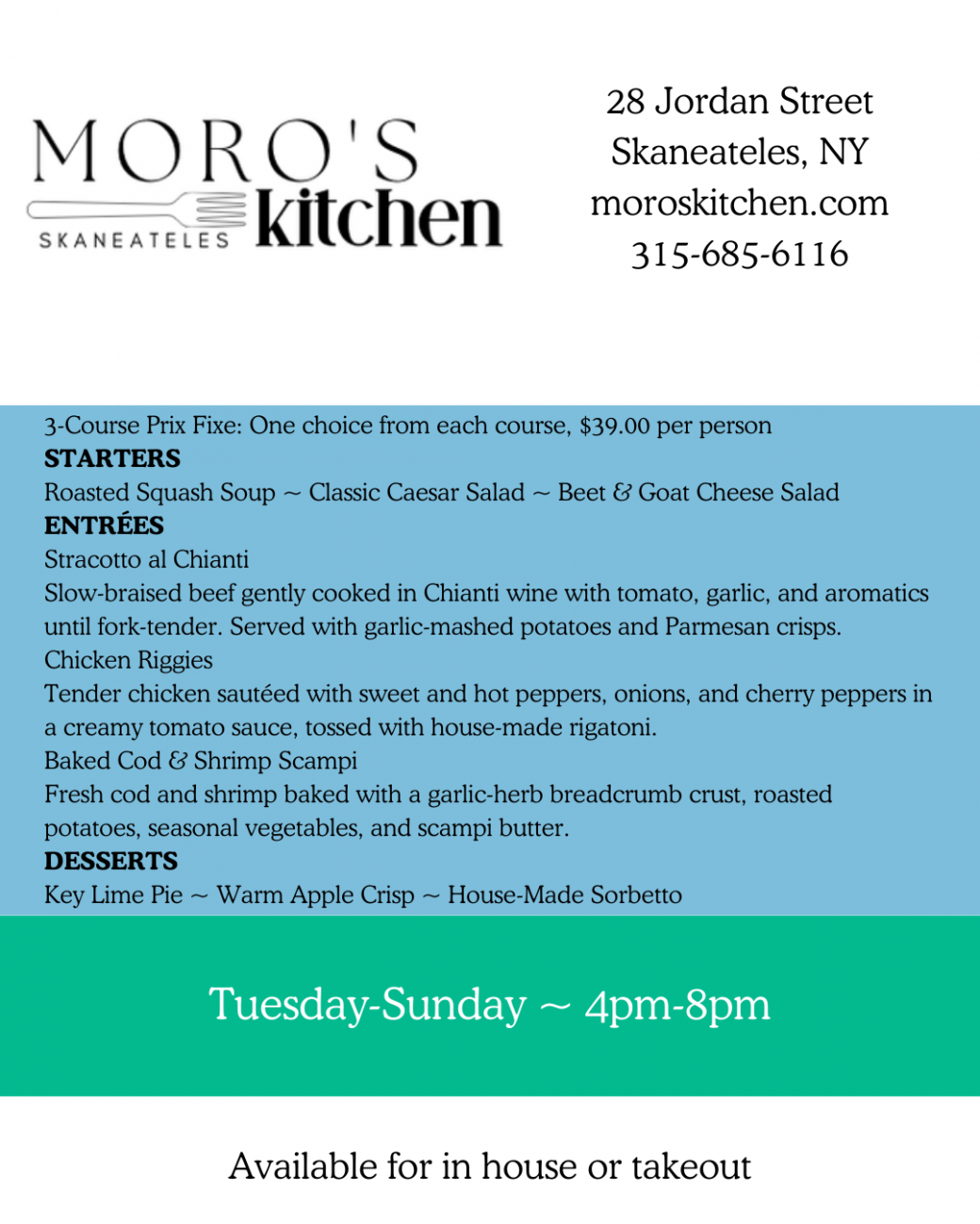 Moro's Kitchen Dining Week Menu