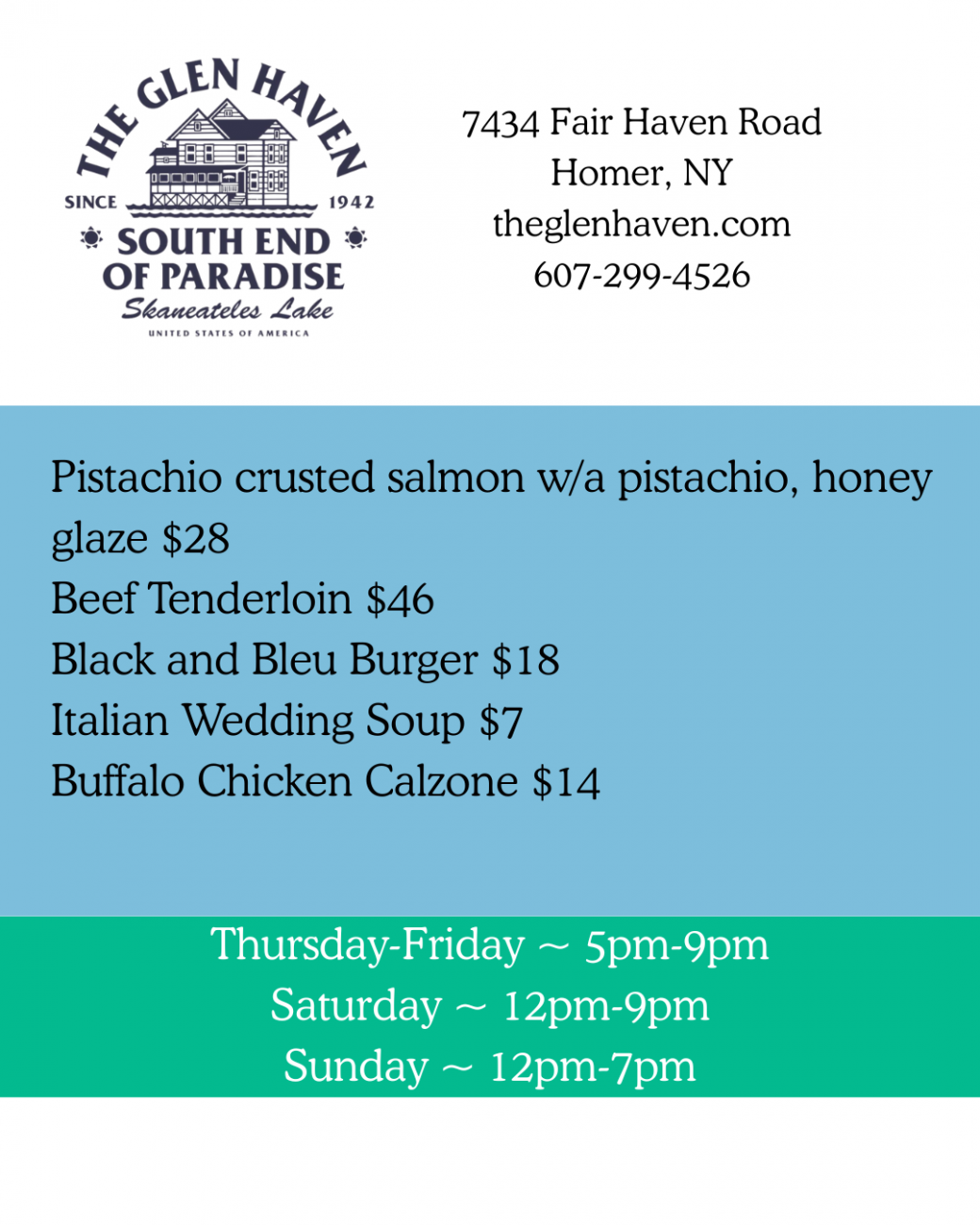 The Glen Haven Dining Week Menu