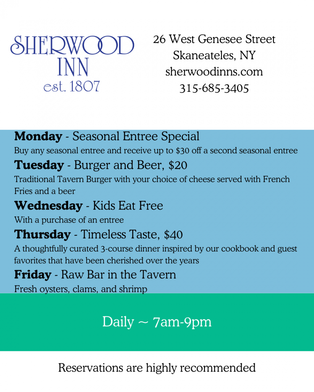 Sherwood Inn Dining Week Menu