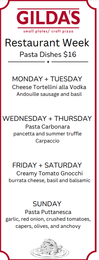 A Menu for Gilda's Restaurant featuring the Dining Week Specials for appetizers, entrees, and desserts