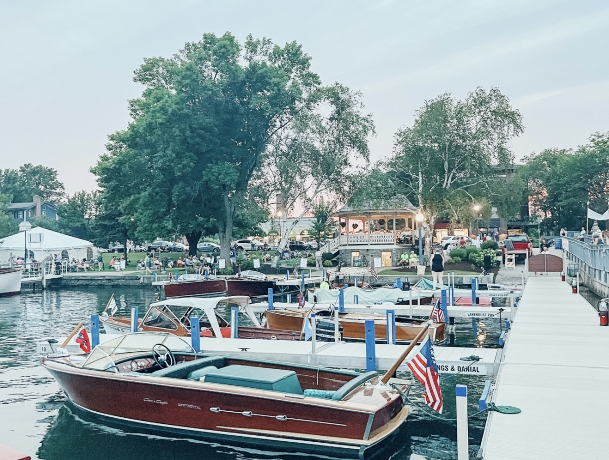 Boats docked along a pier 