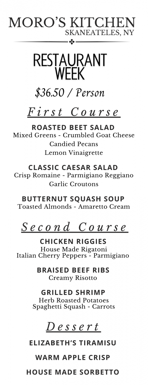 A Menu for Moro Kitchen's Restaurant featuring the Dining Week Specials for appetizers, entrees, and desserts