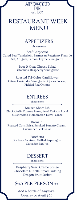 A Menu for Sherwood Inn's Restaurant featuring the Dining Week Specials for appetizers, entrees, and desserts